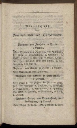 Verzeichniß der Praenumeranten und Subscribenten