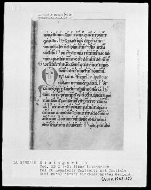 Liber Litaniorum et Benedictionum (Sammelhandschrift) — Litaneien, Folio 1recto-28verso — ---, Folio ---Initiale Q (ui sunt) mit eingezeichnetem Gesicht, Folio 28recto