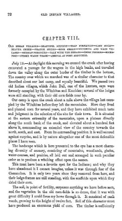 CHAPTER VIII. Old Indian villages - Beautiful scenery - Trap formation - Lost mule - Beaver creek - Prairie guides - Rush creek - Witchita and Waco villages - Mexican prisoners - Talk with the Indians - Cross T