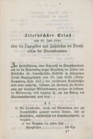 Allerhöchster Erlaß vom 10. Juni 1848 über die Tagegelder und Fuhrkosten bei Dienstreisen der Staatsbeamten.