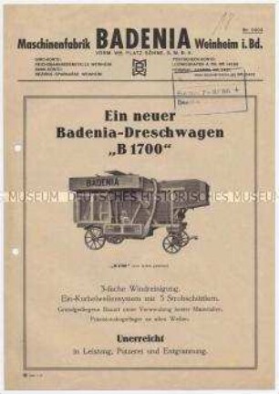 Ein neuer Badenia-Dreschwagen "B 1700"