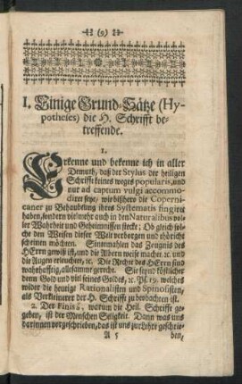 I. Einige Grundsätze (Hypotheses) die H. Schrifft betreffende.