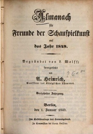 Almanach für Freunde der Schauspielkunst. 13. 1849
