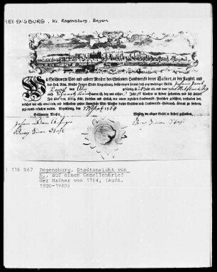 Regensburg, Stadtansicht von Norden auf einem Gesellenbrief der Hafner