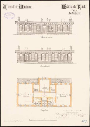 Medizinische Klinik der Philipps-Universität Marburg: Isolierhaus: Grundriss Erdgeschoss, Aufriss Vorderansicht, Rückansicht 1:100