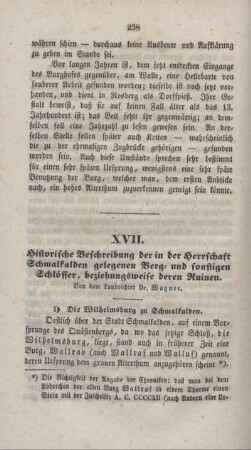 XVII. Historische Beschreibung der in der Herrschaft Schmalkalden gelegenen Berg- und sonstigen Schlösser, beziehungsweise deren Ruinen.