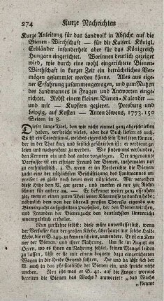 Kurze Anleitung für das Landvolk in Absicht auf die Bienen-Wirtschaft.