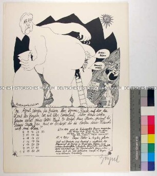 Kalenderblatt vom April des Zingerls Bairischer Weiberl & Maderl Kalenders mit Karikatur auf Bodenspekulation in Bayern