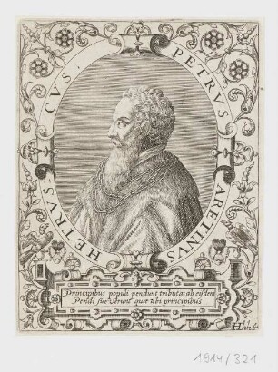 Bildnis Petrus Aretinus Hetruscus, aus: Jean-Jaques Boissard, "Icones Qvinqvaginta Virorvm illustrium doctrina & eruditione præstantium ad vivum effictæ, cum eorum vitis, Frankfurt 1597, S. 266
