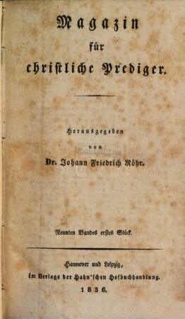 Magazin für christliche Prediger. 9. 1836