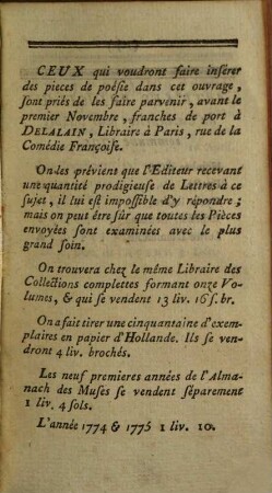 Almanach des muses : ou choix des poésies fugitives, 1775