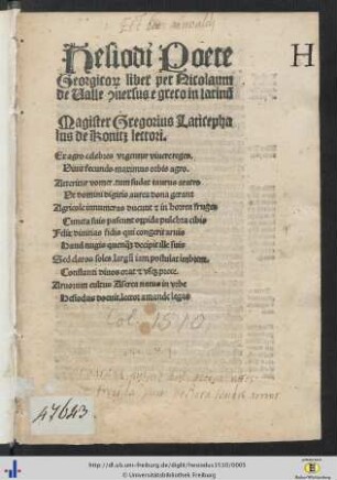Hesiodi poete Georgicor[um] liber