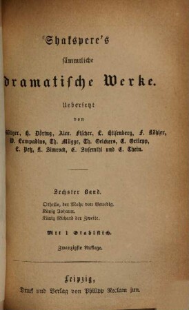Shakspere's sämmtliche dramatische Werke : Uebersetzt von A. Böttger, H. Döring, Alex. Fischer ..., 6