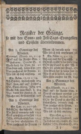 Register der Gesänge, so mit den Sonn- und Fest-Tags-Evangelien und Episteln übereinkommen