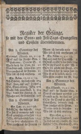 Register der Gesänge, so mit den Sonn- und Fest-Tags-Evangelien und Episteln übereinkommen
