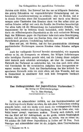 633-639, Das Gefängnisleben der jugendlichen Verbrecher. Ein Beitrag zur Kriminalanthropologie