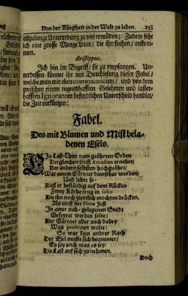Fabel. Des mit Blumen und Mist beladenen Esels.