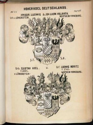 Taf. 117. Friedr. Ludwig & Joh. Ludw. Vollrath. Grfn. v. Löwenstein-Wertheim-Virneburg. 1.7.3.8. Grfn. Gustav Axel, † 1683. u. Grf. Ludwig Moritz † 1741. v. Löwenstein-Wertheim-Virneburg.