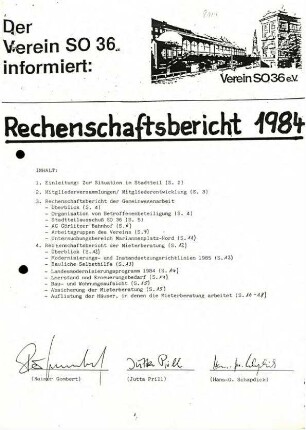 Rechenschaftsbericht: Verein S0 36, 1984