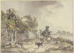 Auf dem Weg neben einer verfallenen Hütte mit Strohdach ein berittener Hirte und eine Bäuerin mit Schafen und Ziegen