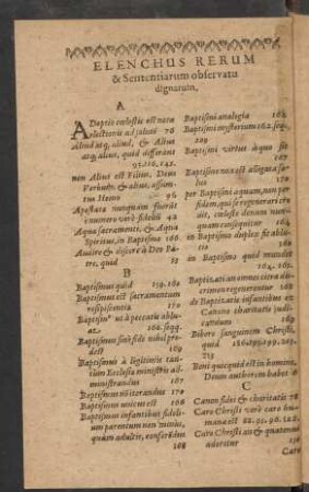 Elenchus Rerum & Sententiarum observatu dignarum.