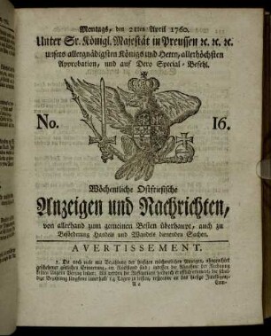 No. 16. Montags, den 21ten April 1760.