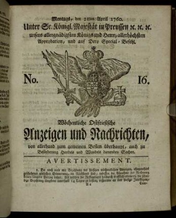 No. 16. Montags, den 21ten April 1760.