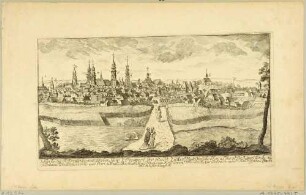 Stadtansicht von Zittau in der Oberlausitz, Blick über die Kornfelder aus Südwesten, mit Legende