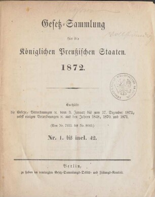 1872: Gesetzsammlung für die Königlich-Preußischen Staaten