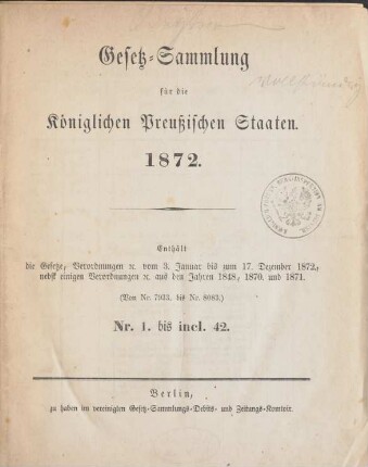 1872: Gesetzsammlung für die Königlich-Preußischen Staaten