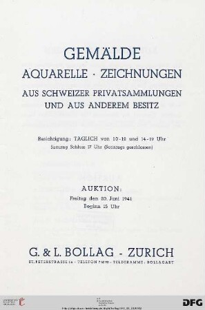 Gemälde, Aquarelle, Zeichnungen aus Schweizer Privatsammlungen und aus anderem Besitz : 20. Juni 1941