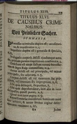 Titulus XLVI. - De Causibus Criminalibus. - Titulus XLVIII. De Poenis Maleficorum.
