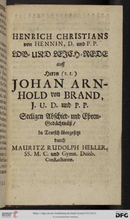 Lob= und Leich=Rede auff Herrn (t.t.) Johan Arnhold von Brand [...]