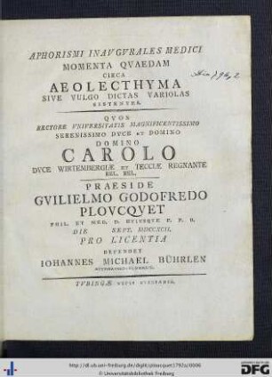 Aphorismi Inavgvrales Medici Momenta Qvaedam Circa Aeolecthyma Sive Vulgo Dictas Variolas sistentes