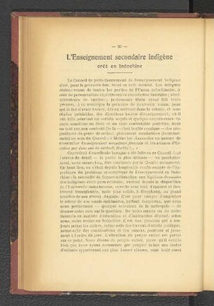 L'Enseignement secondaire indigène créé en Indochine.