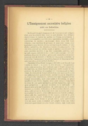 L'Enseignement secondaire indigène créé en Indochine.