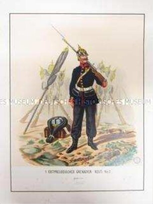 Uniformdarstellung, Gemeiner des 1. Ostpreußischen Grenadier-Regiments No. 1, Preußen, 1864. Tafel 35 aus: Schindler: Militair-Album.
