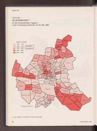 Anteil der Selbständigen an den Erwerbstätigen insgesamt in den Hamburger Stadtteilen am 25. Mai 1987