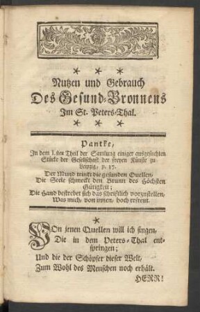 Nutzen und Gebrauch Des Gesund-Bronnens Im St. Peters-Thal