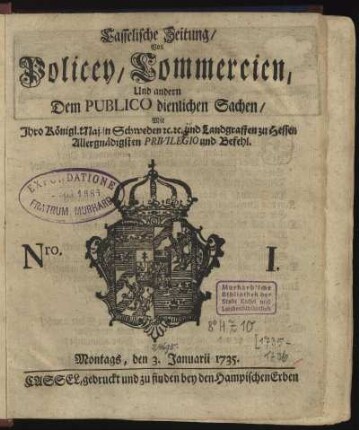 Nro. I, Montags, den 3. Januarii 1735