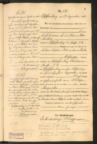 Standesamtsbuch der Stadt Aschaffenburg: Geburten 365/1900 - 184/1901