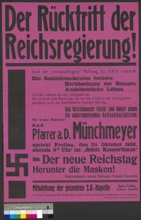 Plakat der NSDAP zu einer öffentlichen Parteiversammlung am 24. Oktober 1930 in Braunschweig