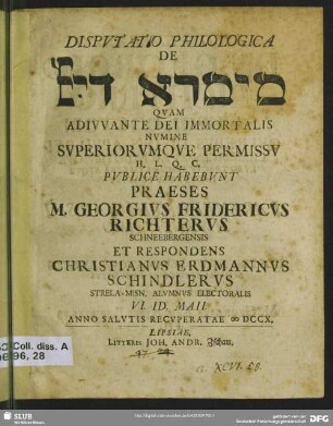 Disputatio Philologica De Mēmrā djj : Quam Adiuvante Dei Immortalis Numine Superiorumque Permissu ... Publice Habebunt