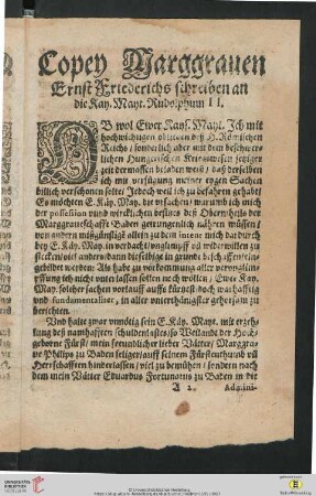 Copey Marggrauen Ernst Friederichs schreiben an Kay. Mayt. Rudolphum II