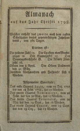Almanach auf das Jahr Christi 1798.