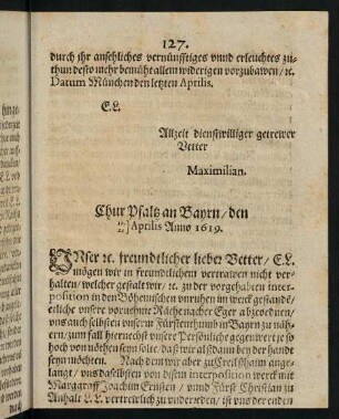 127-131, Chur Pfaltz an Bayrn den 12. Aprilis, 22. Aprilis Anno 1619