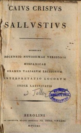 Caius Crispus Sallustius : Accedunt recensio novissimae versionis Hispanicae, examen variarum lectionum, interpretatio locorum, index Latinitatis