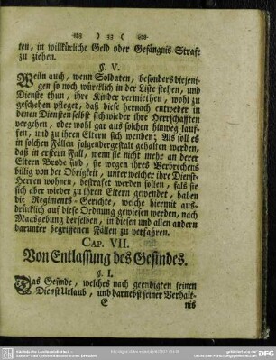 Cap. VII. Von Entlassung ddes Gesindes
