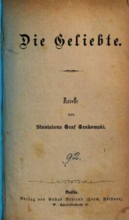 Die Geliebte : Novelle von Stanislaus Graf Grabowski