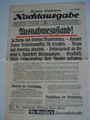 Titelblatt der Abendzeitung "Berliner Illustrierte Nachtausgabe" zum Staatsstreich in Preußen ("Preußenschlag")